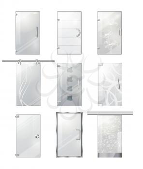 Transparent glass clear door collection on white. Vector poster of realistic doors with wavy lines, flowers, squares, doorhandles on door hinges and on long element for moving. Entrance objects