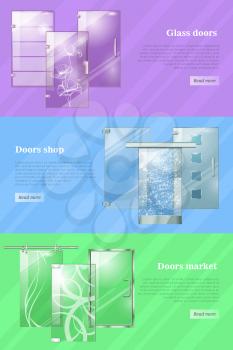 Glass door and door shops, markets colourful vector web banner. Transparent clear glass moving doors and doors with flowers, squares or waves and information near on violet, blue and green background.