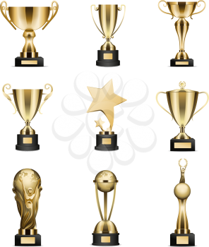 Golden trophy cups collection isolated on white. Trophy deep round cups with and without lids, award in shape of star and planet hold by people. Vector poster of best competition achievements