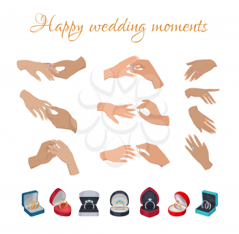 Happy wedding moments rings on fingers collection on white. Men s hands putting wedding rings on women s fingers, set of female hands with decorations and open wedding boxes with rings underneath