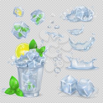 Glass with water, yellow lemon slice, green mint leaves and ice cubes isolated on transparent background. Vector illustration of cooling drink in hot summer time with set of its ingredients.