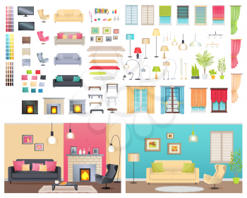 Modern interiors of two different comfortable flats. Vector illustration of various furniture and decoration items. You can choose sofas with cushions, lighting devices, types of chimneys and windows