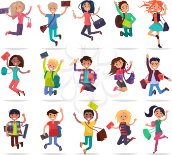 Jumping smiling people with bags and books in raised hands. Collection of students full of joy and delight about passing exams well on white. Vector illustration of students freedom and happiness
