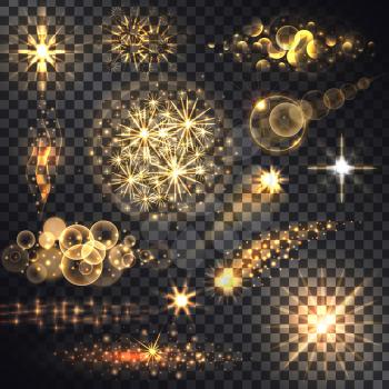 Set glows bright star light fireworks. Flash and glow, sparkle illuminated, flare effect, shine explosion, glitter and twinkle, spark magic, decoration starburst, shiny illustration. Raster version