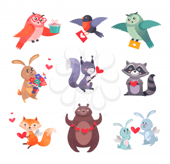 Set of cartoon icons or stickers with loving forest animals. Smiling mammals, birds, home pets with hearts and flowers in paws isolated flat vectors. Funny animal cupids with wings for Valentine greeting cards