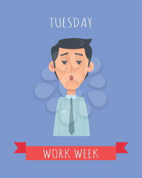 Work week emotive concept. Perplexed brunet man in shirt and tie flat vector illustration. Tuesday confused mood. Office worker weekly calendar. Employee business efficiency. Everyday work routine