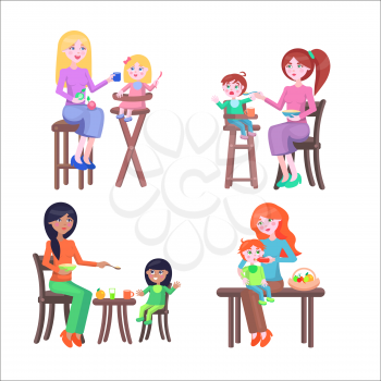 Set of four mothers, who feeds their children. Two mothers with boys and two with girls, two babies sit on highchairs, one at the table and one on the mother s lap. Vector illustration for Mother Day.