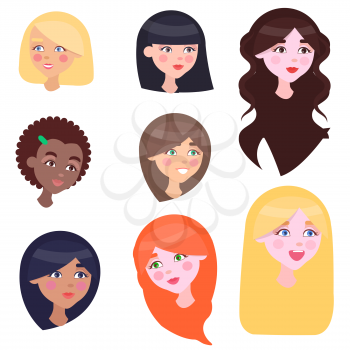 Women face emotions set with long and short hairstyles red brown black and fair colours. Collection of icons with mother s kindness expressed in her eyes. Vector poster of female kind looks.