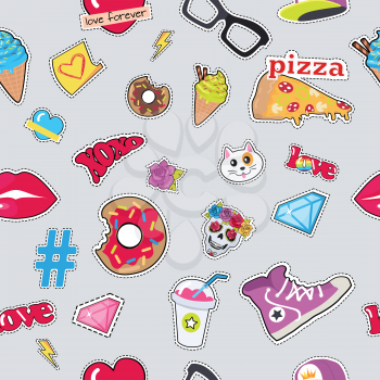 Male colourful rap cap, violet sport footwear, pizza, bitten doughnut, muzzle of cat, human skull with flower, diamond, lips, glasses, ice cream, love, cocktail, thunder sign hashtag seamless pattern