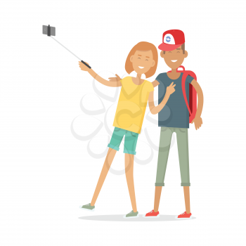 Couple makes selfie. Happy boy and girl in casual clothes making photo. Man and woman with selfie stick isolated on white. Selfie concept vector illustration. Flat style design. Couple in love.