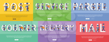 Delivery service conceptual web banners set with cartoon postman. Funny postal couriers with letters and parcels on colorful background flat vector illustrations. For mail services landing page