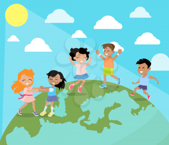 Dancing and playing on planet Earth surface kids. Happy little girls and boys enjoying bright sun flat vector. Children of all races illustration for peace and environment protection concepts