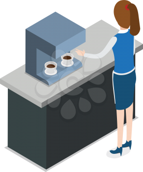 Restaurant. Waitress in blue uniform standing near coffee machine with two cups of coffee inside. Female girl is going to take cup with left hand. Process of making coffee. Flat design. Vector