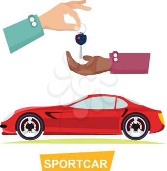 Sportcar isolated red automobile and hand passing key. Process of buying or renting sports car. Vector illustration of giving key and auto on white in flat style. Sale agreements in cartoon design