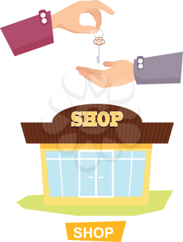 Shop and hand passing key vector in flat style. Process of buying or renting shop. Illustration of giving key and isolated colourful store on white. Agreement trade purchase concept in cartoon design