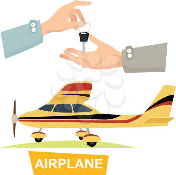 Airpane and hand passing key vector in flat style. Process of buying or renting airplane. Illustration of giving key and isolated yellow plane on white. Sales agreement marketing in cartoon design.