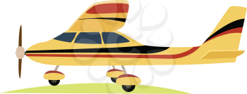 Modern yellow aeroplane on white background vector illustration in flat style. Powered and fixed-wing aircraft which is work due to propeller or jet engine. Plane has three wheels, wings and rudder.