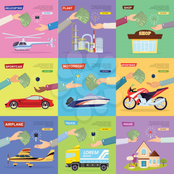 Process of buying, selling plant, sportbike, truck, helicopter, shop, house, sportcar, airplane, motorboat. Collection of pictures with hands passing keys and money. E-commerce online shopping Vector