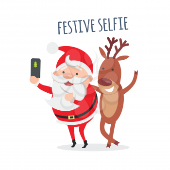 Festive Selfie. Santa makes festive selfie with reindeer. Cute photo with deer. Merry Christmas and happy New Year concept. Winter holiday illustration. Greeting card. Vector in flat style design