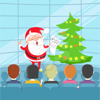 Portrait of santa claus singing a christmas songs in front of people. Illustration of isolated man holding musical notes. Christmas tree decorated with stars. Cartoon style. Flat design. Vector