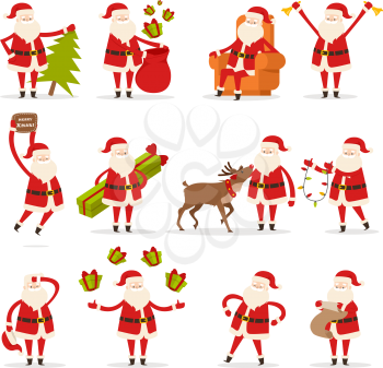 Santa Claus activities set. Santa with New Year tree, bag with presents, rest in armchair, ring in bells, wish Merry Christmas, give and juggle gift boxes, speak with deer, read and decorate. Vector
