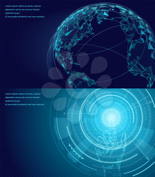 Networking symbol of international global communication vector poster with icons and text information. World map concept with wireless connecting technology communities. Using digital devices.