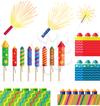 Collection of fireworks. New Year decorations. Illustration of different pyrotechnics in shape, size and colour. Attributes of New Year 2017. Bright explosions. Cartoon style. Flat design. Vector