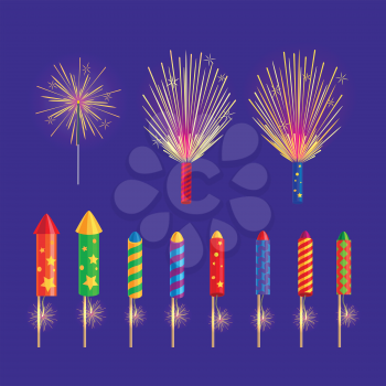 Colourful firework rockets on blue background. Vector sparkling rockets, salute elements in cartoon flat design. Collection of fireworks and New Year pyrotechnic attributes, christmas decorations