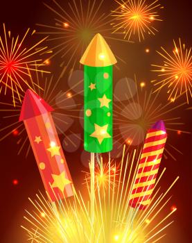 Colourful exploding rockets on bright background in red, green and striped colors. Salutes in cartoon style flat design. New Year attributes decorations collection of vector fireworks illustrations.
