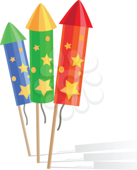Colourful exploding red, green and blue rockets isolated on white background in cartoon style flat design. Collection of fireworks an New Year attributes decorations. Vector illustration of salute