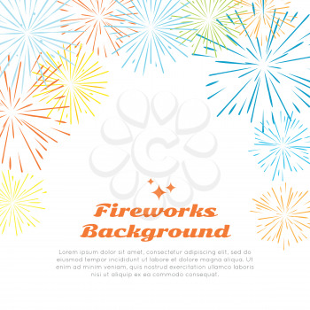Fireworks background with colorful fireworks at top on white. Happy holidays postcard with salute elements for postcard or greeting card with pyrotechnical elements. Banner poster with salute. Vector