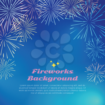 Fireworks backgroundwith colorful fireworks top frame on blue. Happy holidays postcard with salute elements. Greeting New Year banner card with pyrotechnical elements. Vector salute poster template