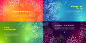 Happy holidays. Best fireworks party. Happy New Year. Salute elements. Fireworks festival. Vector illustration. Birthday celebration. Wedding, x-mas. Pyrotechnical background. Banner in flat style
