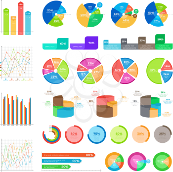 Collection of colourful infographics on white. Vector poster of round diagrams with percentages and column charts in flat style. Business informative schemes of development with percents and text