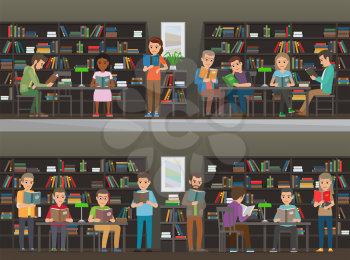 People study in atheneum set. Students read in the library vector illustration. Clever men and women read books. Grown ups self education. Public room with bookshelves. Shelves and tables. Wisdom
