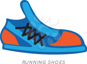 Icon of running shoes in cartoon style. Vector illustrations of isolated blue-orange shoe on white background. Sneakers with shoelace footwear for sport lifestyle. Shoes for running in flat style