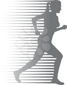 Silhouette of isolated running woman on white background. Fast female person run on high speed. Sport lifestyle colourless vector illustration. Motion movement in cartoon style flat design