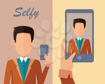 Young man in blue shirt and brown jacket making selfie. Young man taking photo with cellphone. Man looking at smartphone and taking selfie. Private character. Vector illustration in flat.