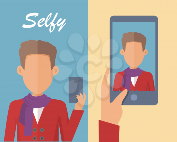 Selfy on smartphone. Young man taking own self portrait with mobile phone. Modern life with selfie photo camera. Selfie smile vector concept. Man with scarf on neck shows his photo on displlay
