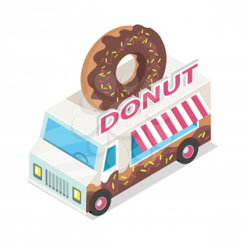 Donut trolley in isometric projection style design icon. Street fast food concept. Food truck with umbrella illustration. Isolated on white background. Doughnut mobile shop. Vector illustration