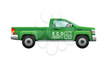 Transport. Picture of isolated green classical pickup. Ecologically clean car with two doors. Useful and cheap mean of transportation. Four-wheeled automobile in cartoon style. Flat design. Vector