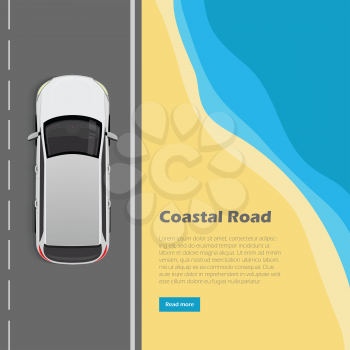 Coastal road conceptual web banner. Modern car goes on highway near ocean beach top view flat vector illustration. City infrastructure. Urban traffic. For transport, travel company landing page
