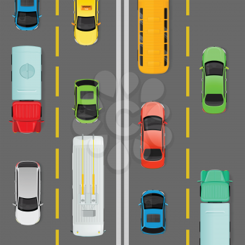 City traffic vector concept. Passenger cars, truck, bus, trolleybus goes on road top view flat vector illustration. Urban transport. Traffic on town road. For city infographics, web design