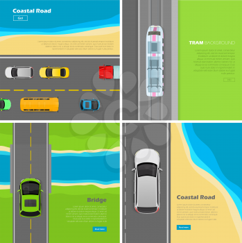 Modern highway banners set. Coastal road, bridge, tram background top view flat vector illustrations. City infrastructure. Urban traffic. Travel on roads. For transport, construction company web page