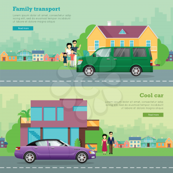 Transport. Collection of two illustrations. Cool car on road near contemporary glass house and young couple. Green minivan near big building and family of four members. Flat cartoon design. Vector