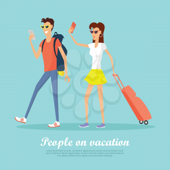 People on vacation with mobile devices banner. Couple with suitcases going on the rest. Couple in love taking pictures on smartphones. Happy tourists on the journey. Vector illustration in flat style.