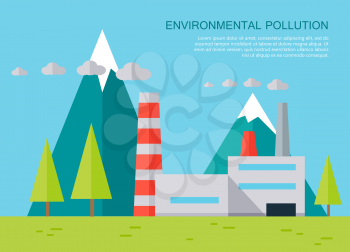 Environmental pollution concept vector banner. Flat design. Mountain landscape with plant polluting air emissions. Human impact on the environment illustration for web design and infographics.