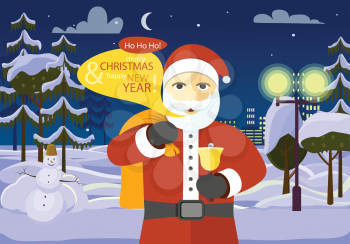 Merry Christmas and Happy New Year from Santa. He is among forest and white field on night city background. Dark block of flats with switched lights. Stars and moon on winter sky. Vector illustration.