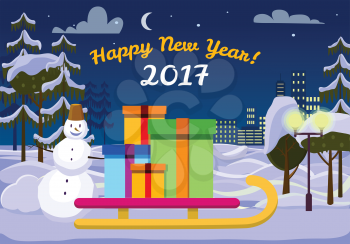 Happy New Year 2017 Santa Claus sleigh with gift boxes outdoors. Snowman behind sledge near street lamp. Tees and urban buildings on background of snow on ground. Vector evening in cartoon style