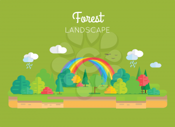 Forest landscape vector in flat style. Illustration of nature with trees, brunches, rainbow, clouds and rain. Banner for environmental, ecological, touristic, weather concepts and web page design.  